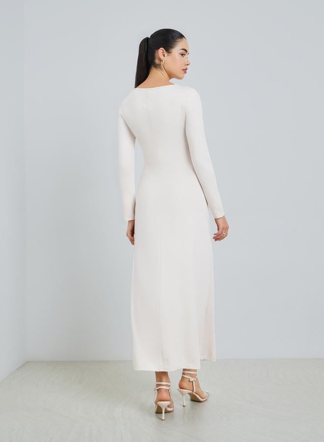 Styli Women Beige Waist Tie Detail Midi Dress - Image 4